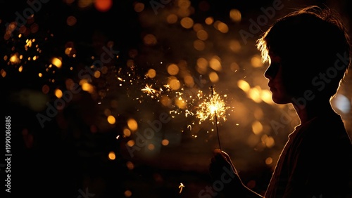 Side profile of a child’s silhouette looking at a handheld sparkler (fuljhadi). Golden sparks flying, dark night background, magical atmosphere, high contrast
