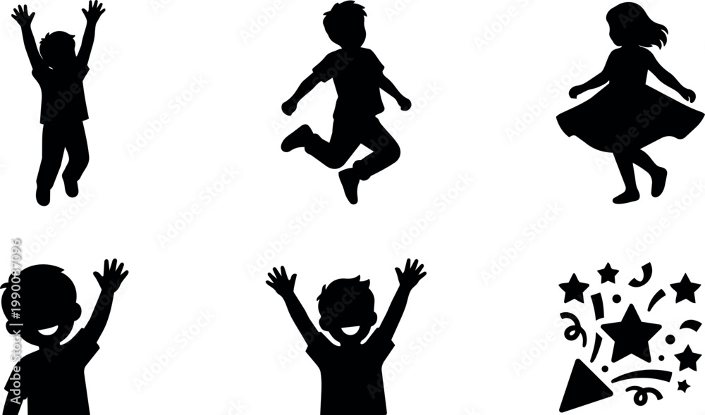 Fototapeta premium Black and white silhouette children jumping waving and dancing with party confetti vector art