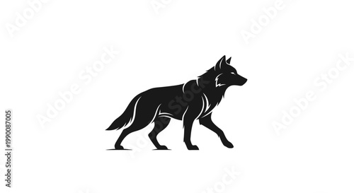 Dynamic black silhouette of a powerful wolf walking with a determined stride, capturing its wild spirit and strength in a minimalist graphic design