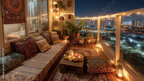 A cozy balcony corner at night decorated with fairy lights, floor cushions with ethnic prints, and a small table with sweets (mithai) and a diya