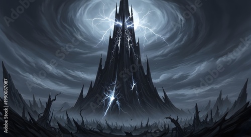 Colossal dark fantasy fortress tower piercing a stormy, lightning-streaked sky. Ominous gothic architecture in a desolate landscape, evoking mystery and cinematic power