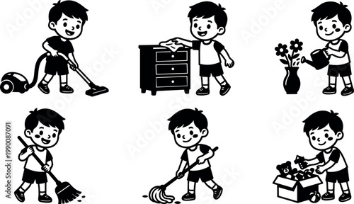 Black and white vector art boy doing household chores cleaning and organizing