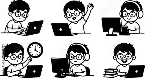 Black and white line art boy with glasses working and studying with laptop and computer
