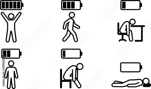 Black and white line art battery charge levels with human figures showing energy from full to empty