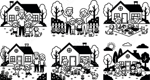 Family activities outdoors near house with dog and cat