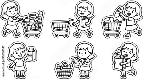 Black and white line art grocery shopping girl with cart basket and list