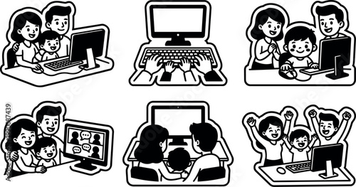 Black and white line art family using computer together and video call scenes