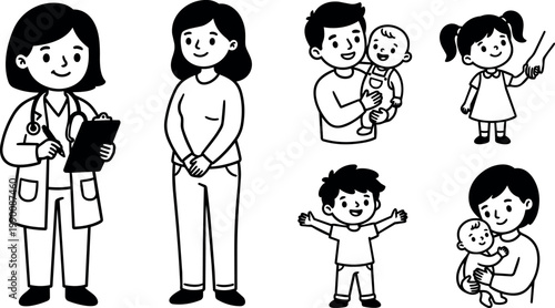 Black and white line art happy family with doctor and children set