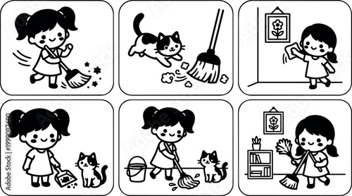 Black and white vector art girl cleaning floor mopping dusting with cat