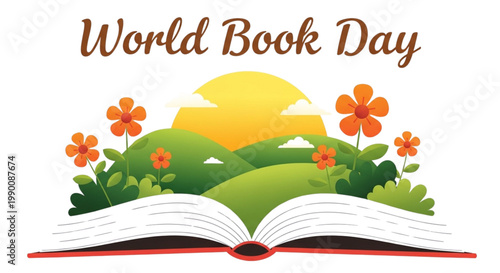 World Book Day Celebration Joyful Learning Outdoors Sunny Hills Blooming Flowers Open Book