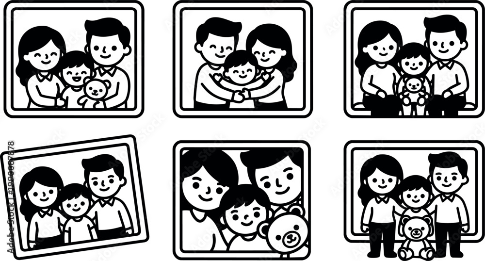 Obraz premium Family portraits with parents children and teddy bear in frames