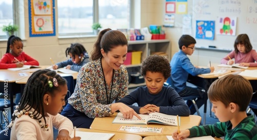 A female teacher assists a young student at a classroom desk. Several children are working on an activity book.