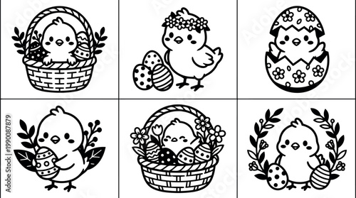 Black and white line art chicks with decorated eggs and floral wreaths in easter theme