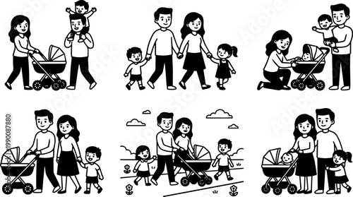 Family with kids walking and using baby stroller in different poses