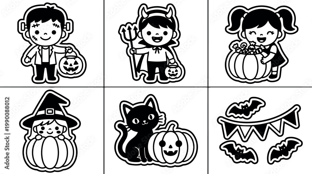 Fototapeta premium Black and white halloween kids costume characters with pumpkins and bats vector art