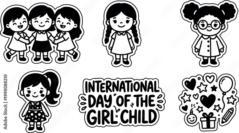 Fototapeta premium Black and white vector art international day of the girl child with girls holding hands and individual girls