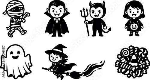 Black and white cute halloween characters ghost witch vampire devil mummy candy bundle vector art