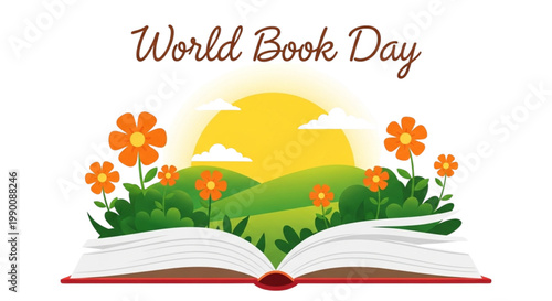 World Book Day Illustration Open Book with Blooming Spring Flowers and Sunny Nature Landscape Promoting Kids Reading
