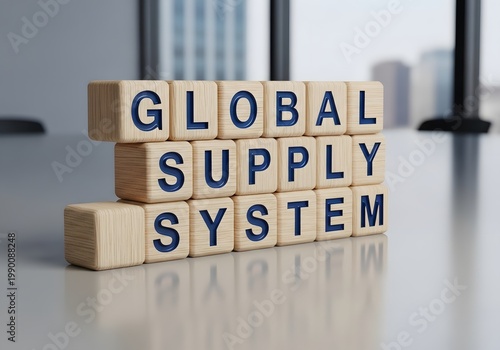 Wooden blocks spelling 'GLOBAL SUPPLY SYSTEM' on a desk, representing the foundational structure of worldwide logistics, interconnected distribution, and economic resilience