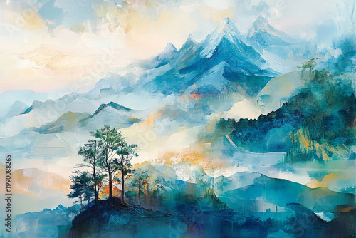 Painterly Coastal Landscape with Mountains and Turquoise Sea