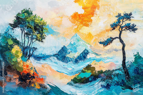 Painterly Coastal Landscape with Mountains and Turquoise Sea