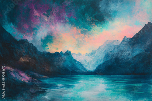 Painterly Coastal Landscape with Mountains and Turquoise Sea