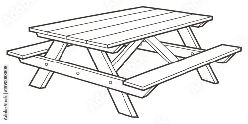 Classic wooden picnic table with attached seats line art furniture illustration recreation minimalist backyard isolated carpentry exterior facility equipment hardwood