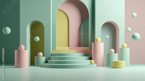 3D abstract podium background with pastel arches cylinder stands floating spheres and steps display scene