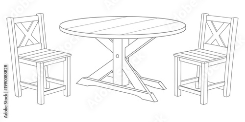 Round wooden dining table set with two chairs line art furniture illustration interior breakfast minimalist isolated carpentry facility equipment woodwork backrest