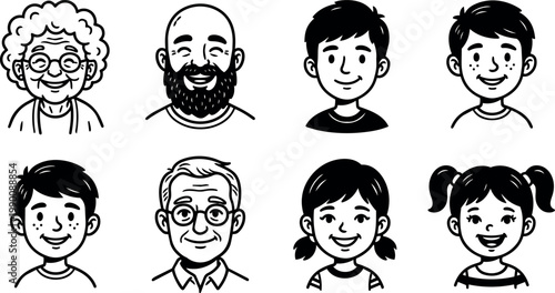 Black and white line art smiling diverse family faces multiple ages children adults seniors