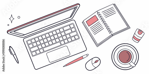 Minimalist desktop setup illustration with laptop and coffee notebook workspace computer business minimalist illustration technology productivity creative stationery