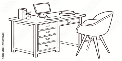 Detailed home office desk with desktop computer and drawers computer workspace furniture interior workplace illustration business freelance education technology keyboard