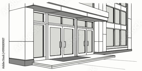 Modern commercial building entrance with double glass doors and concrete steps line art illustration entrance building commercial architecture exterior concrete structure