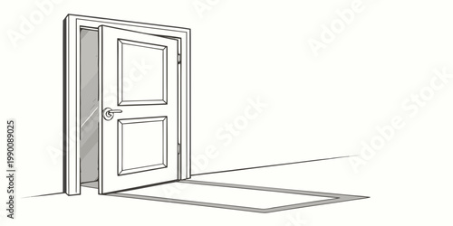 Minimalist hand drawn line sketch of an open interior wooden door on white background with interior entrance minimalist perspective building architecture structure threshold