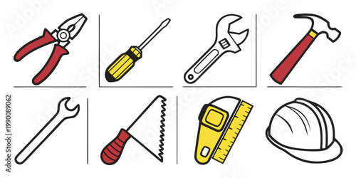 Set of construction and handyman tool icons featuring hammer screwdriver saw and protective helmet construction handyman screwdriver maintenance industry engineering