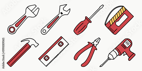 Flat illustration set of colorful diy construction tools featuring hammer wrench saw screwdriver pliers and power drill screwdriver construction equipment carpentry hardware