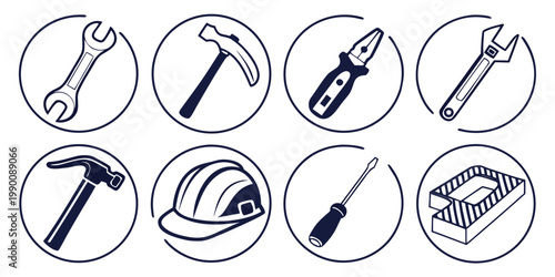 Set of monochrome hand tool icons including hammer wrench screwdriver pliers and safety helmet for construction and repair work with screwdriver construction maintenance