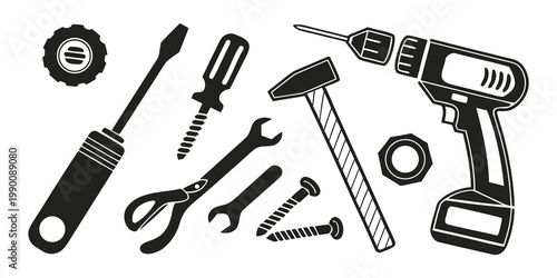Collection of black silhouette hardware tools including cordless drill hammer screwdriver wrench gear and fasteners on white background with screwdriver fastener construction