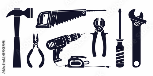 Assortment of professional manual and electric construction tools silhouettes of hammer hand saw pliers drill screwdriver adjustable wrench on white background with construction