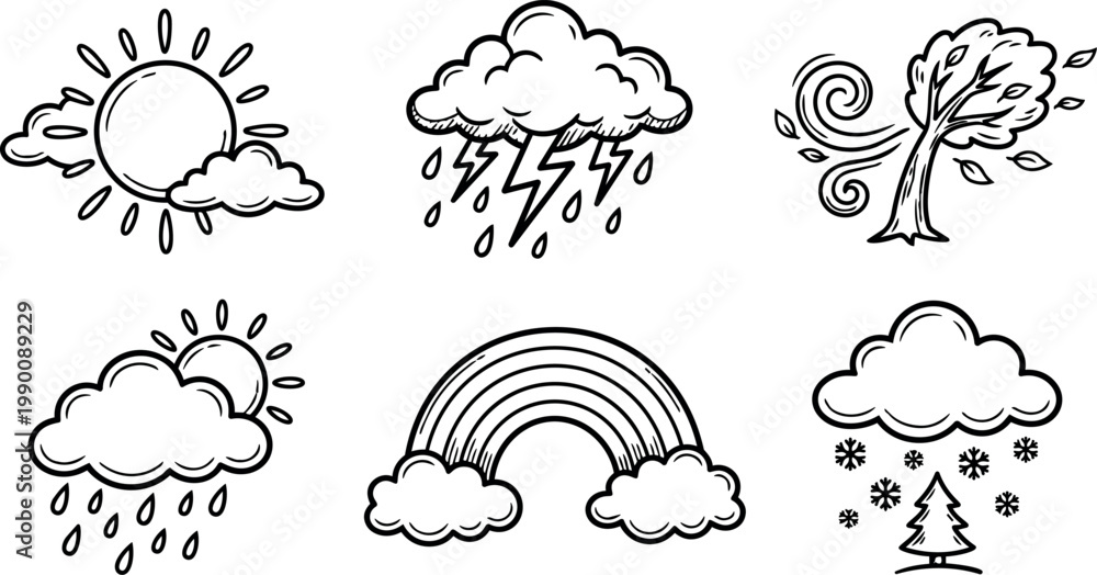 Fototapeta premium Black and white weather icons sun cloud lightning rain rainbow snow