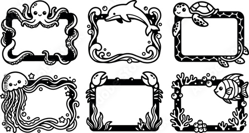 Black and white marine animal frames with octopus dolphin turtle jellyfish crab and fish vector art