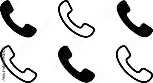 Black and white telephone handset icons set in flat vector art