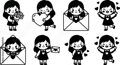 Girl holding heart flowers and valentines envelope