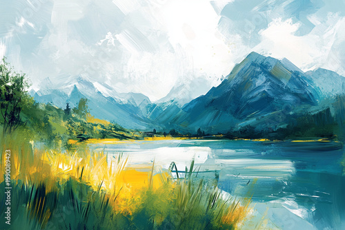 Painterly Coastal Landscape with Mountains and Turquoise Sea