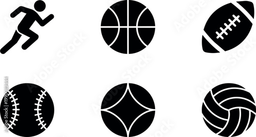 Black and white sports ball icons with running figure and six types of balls