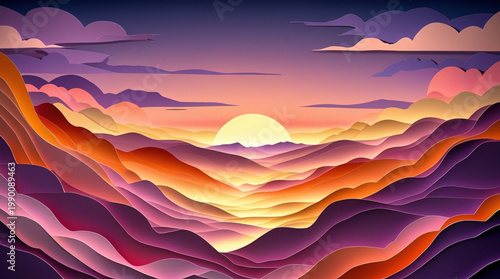 Vibrant paper cut style mountain landscape sunset background with layered colorful hills and glowing sun