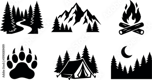Black and white camping icons with tent campfire mountain and bear paw vector art