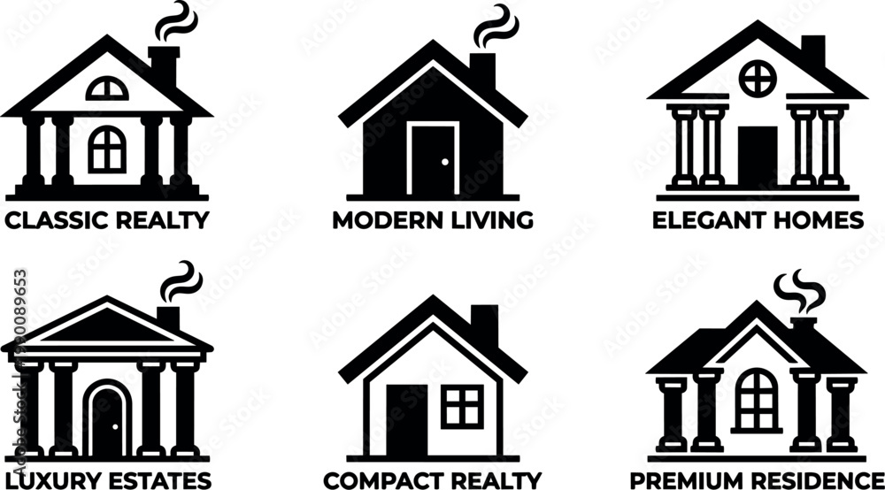 Obraz premium Black and white classic and modern realty houses vector icons with text labels