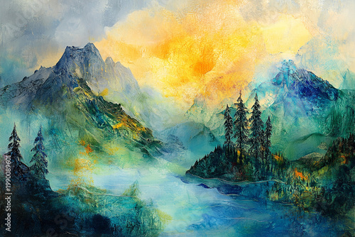 Painterly Coastal Landscape with Mountains and Turquoise Sea