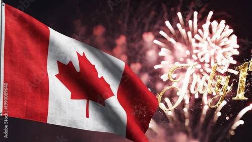 Canada Day celebration, Canadian flag waving with out-of-focus red and white fireworks and elegant gold 